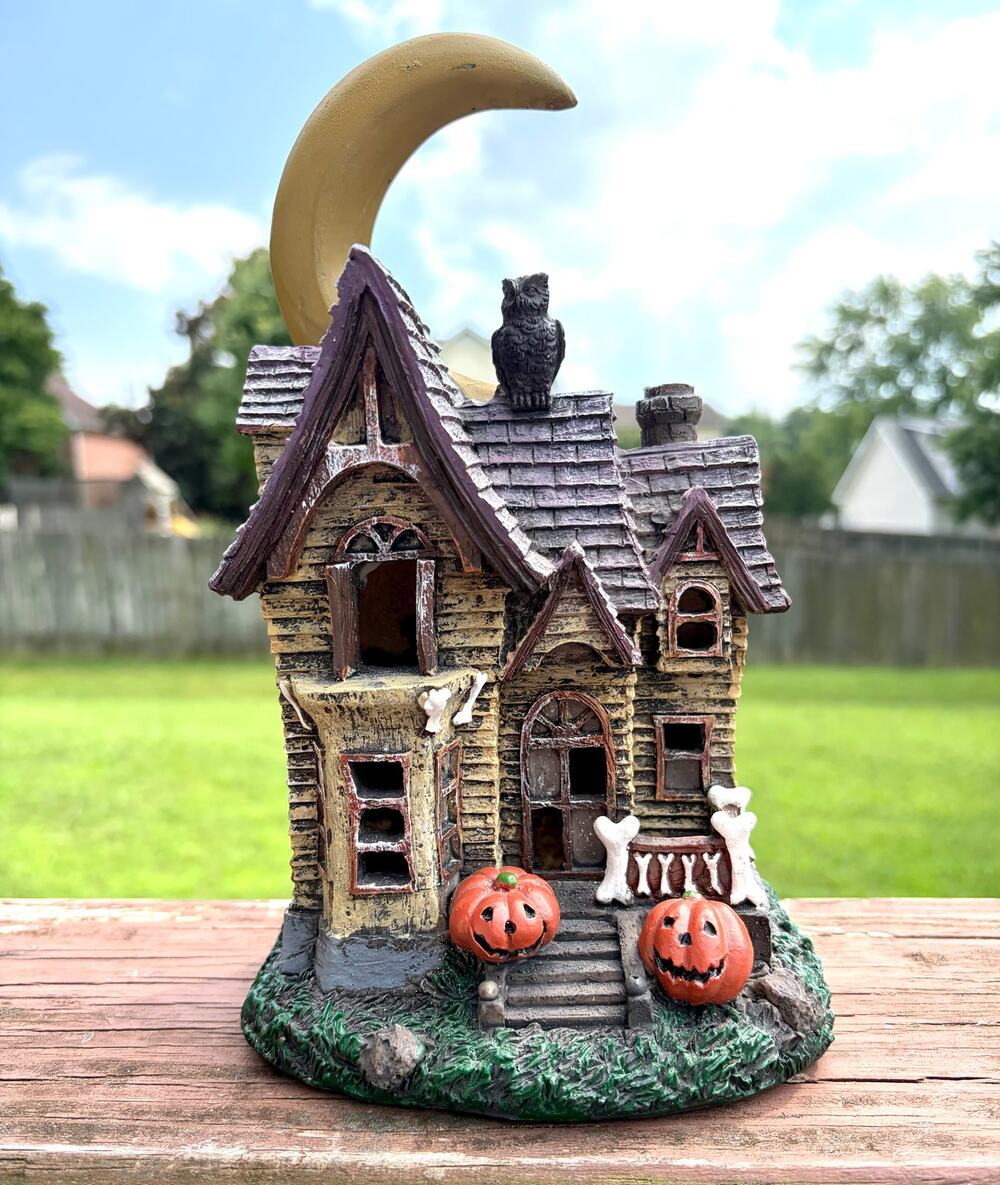 Lighted Halloween Haunted House Village Figurine Color Changing LED Owl Moon